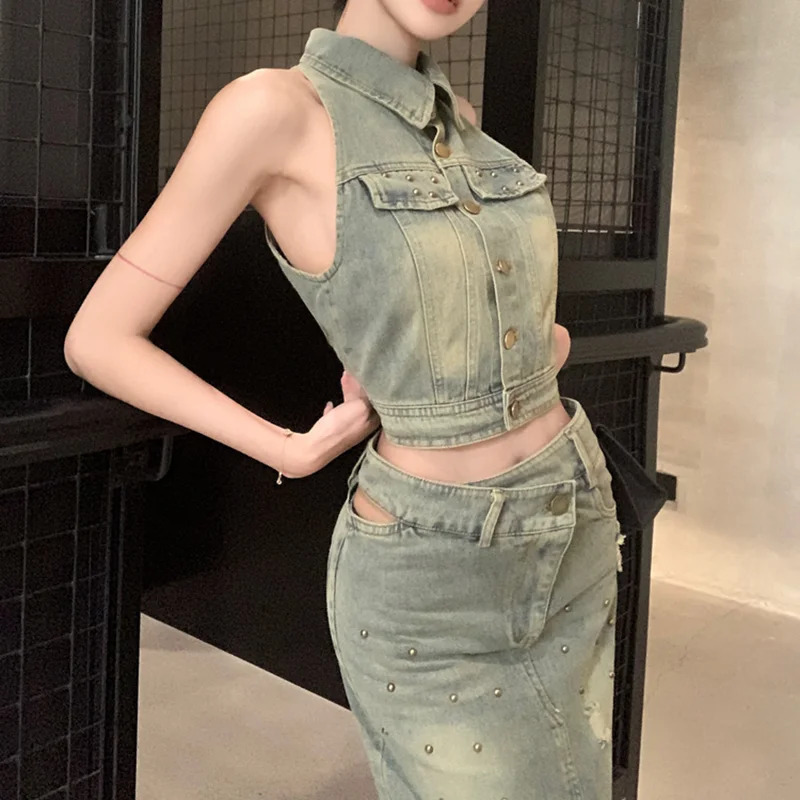 DEAT denim two-piece set womens suspender lapel vest fashionable wrap hip A-line high waist split short sleeved womens 33A3824 250402