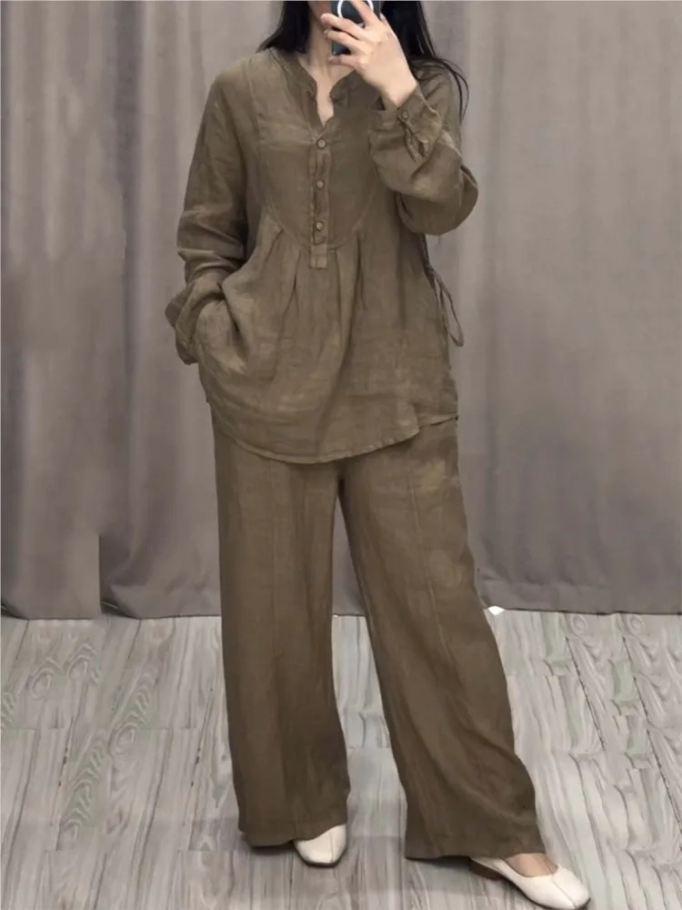 Womens 2-piece Fashion Office Womens Cotton Linen Long Sleeve Casual Loose Wide Leg Pants Set Spring/Summer Womens Set 250401