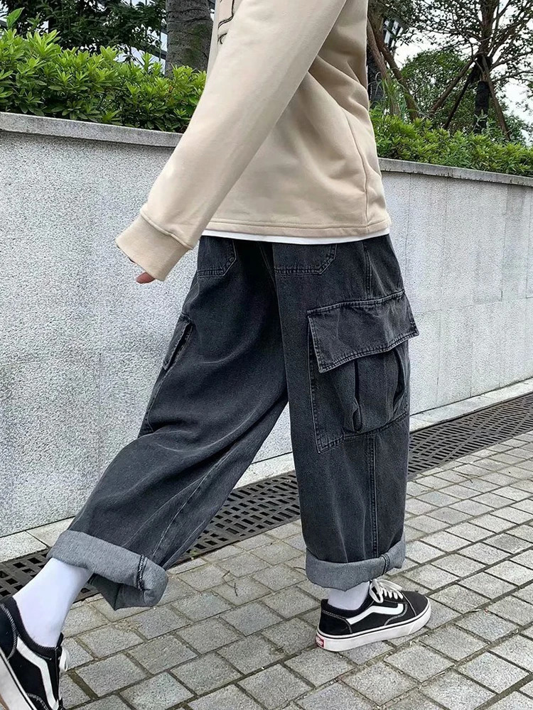 Baggy jeans mens oversized streetwear fashion wide leg cargo pants hip-hop Harajuku multi pocket denim Trouser black blue 250402