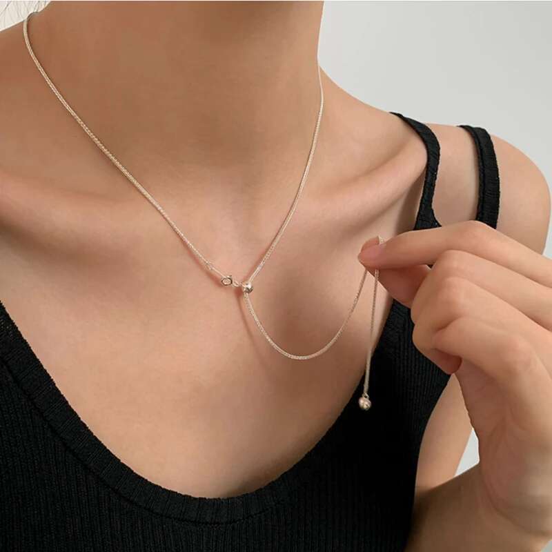 S Sterg Sier Adjustable Pull Type Snake Chain Choker Necklace Simple Heart-Shaped Pendant Women's Gift Boutique Jewelry