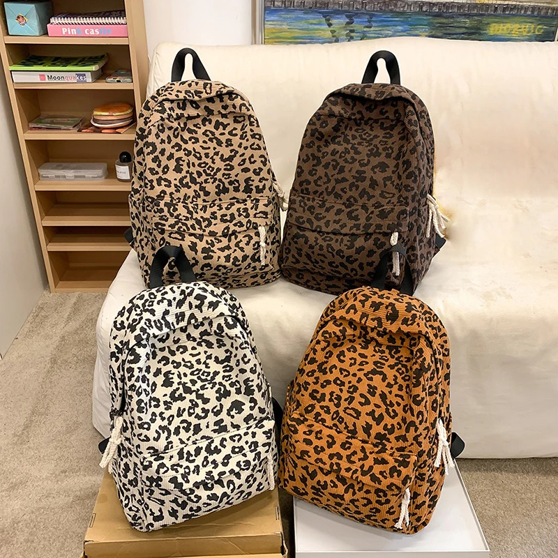 Corduroy Leopard backpack youth school bag multi pocket casual notebook backpack fashionable shoulder bag travel Rucksack 250402