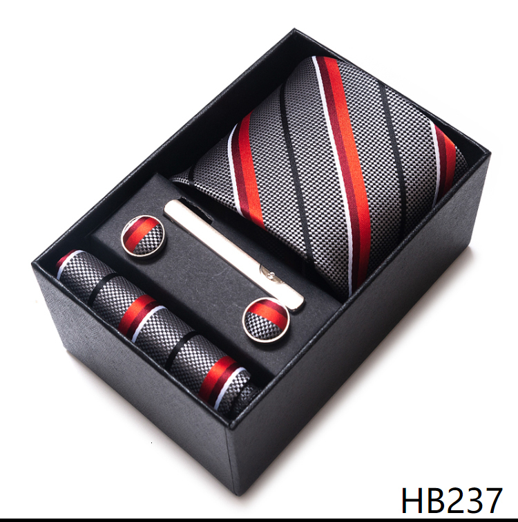 Luxury 8 cm 100% Silk Tie Pocket Squares Cufflink Set Necktie Box Blue Striped Wine Red Memorial Day Accessories Men Workplace