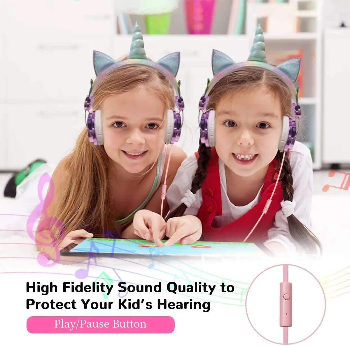 Kids Pink Headphones for Girls Children Teens Wired Headset w/Microphonefor School Birthday Xmas Unicorn Gift