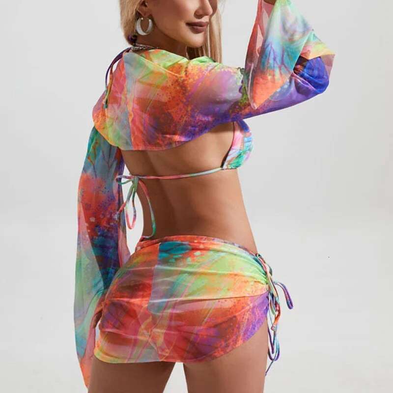 Colorful Bikini 2024 Summer Cover-ups 4-Piece Swimsuit Long-sleeved y Tie Dyeing Bathing Suit Beach Skirt Monokini