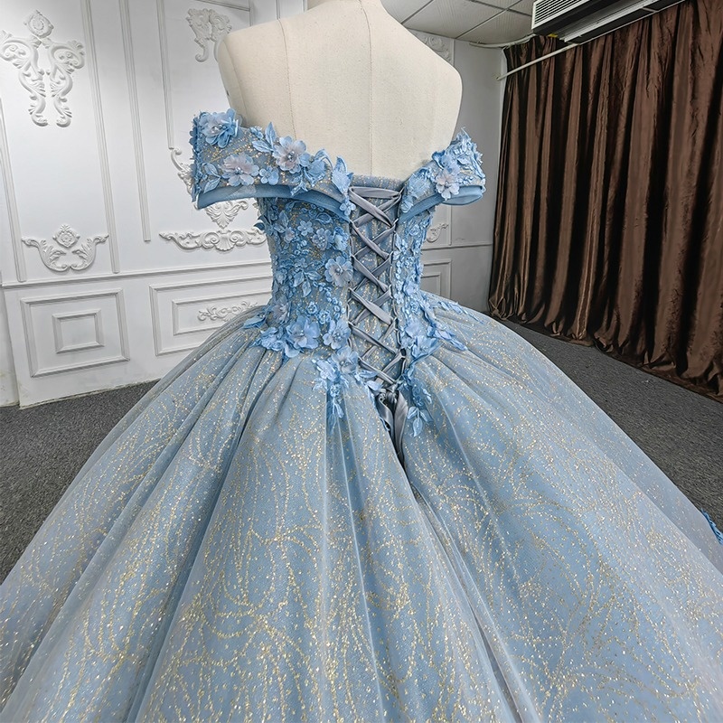 Blue Shiny Princess Quinceanera Dresses Off Shoulder Beads Applique Flower Tull Sweet 16 Dress Ball Gown Vestidos 15 De Anos