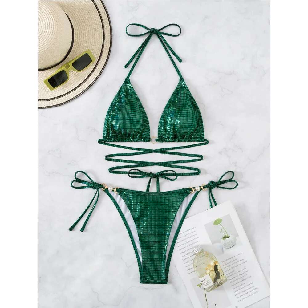 2024 Green Shiny Bikini Women 2-piece Low Waist Swimsuit Sexy Triangle Cup Suspender Backless Bathing Suit Summer Beach Swimwear