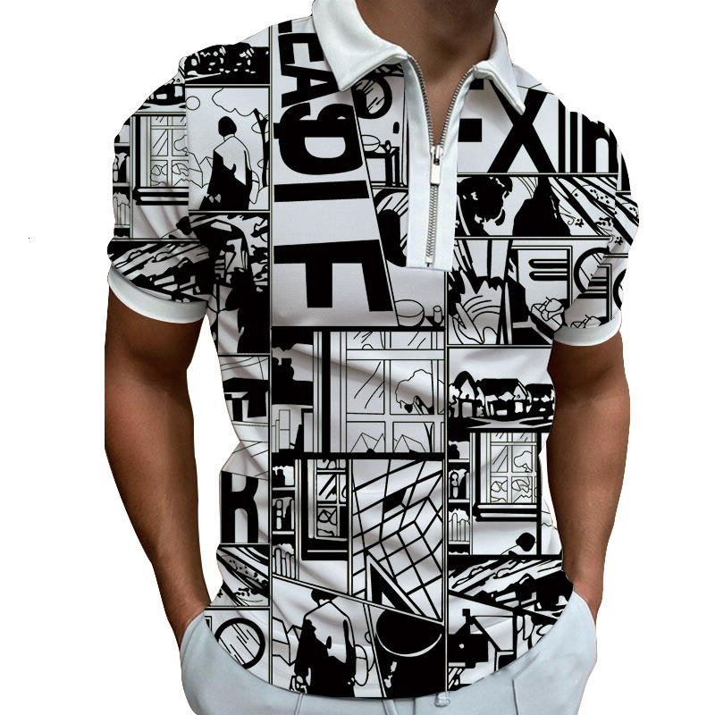 Spring mens printed fashionable casual fashion polyester short sleeved zipper polo shirt mens T-shirt