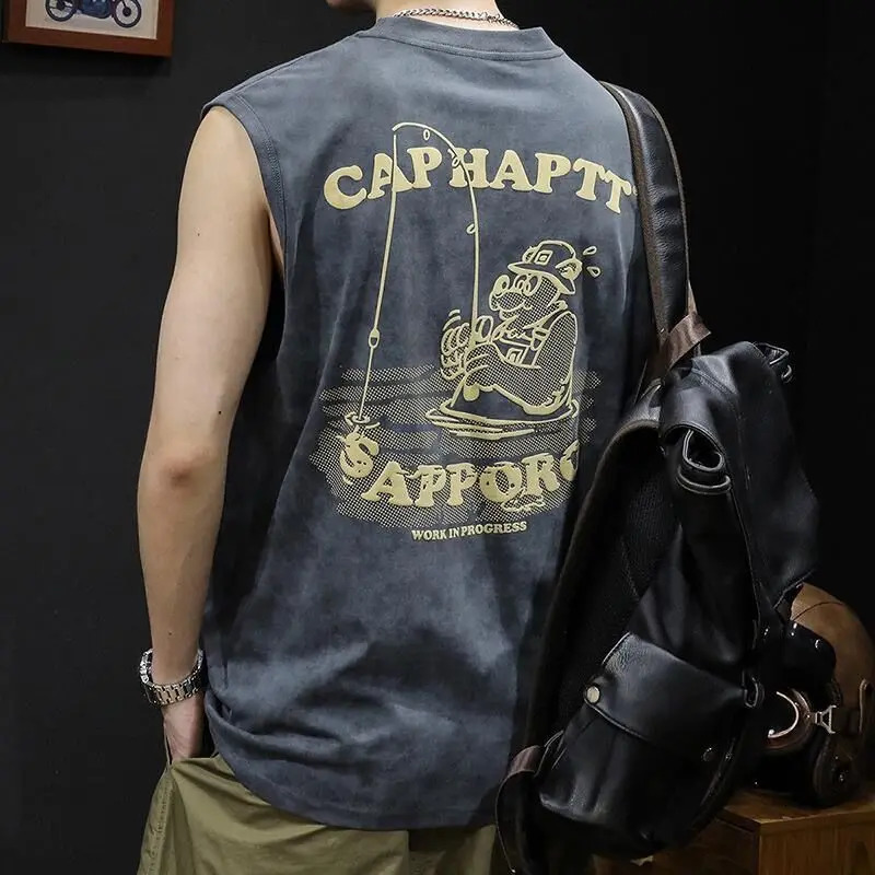 Heavy duty summer round neck mens sleeveless vest loose large street print sports full matching T-shirt 250403