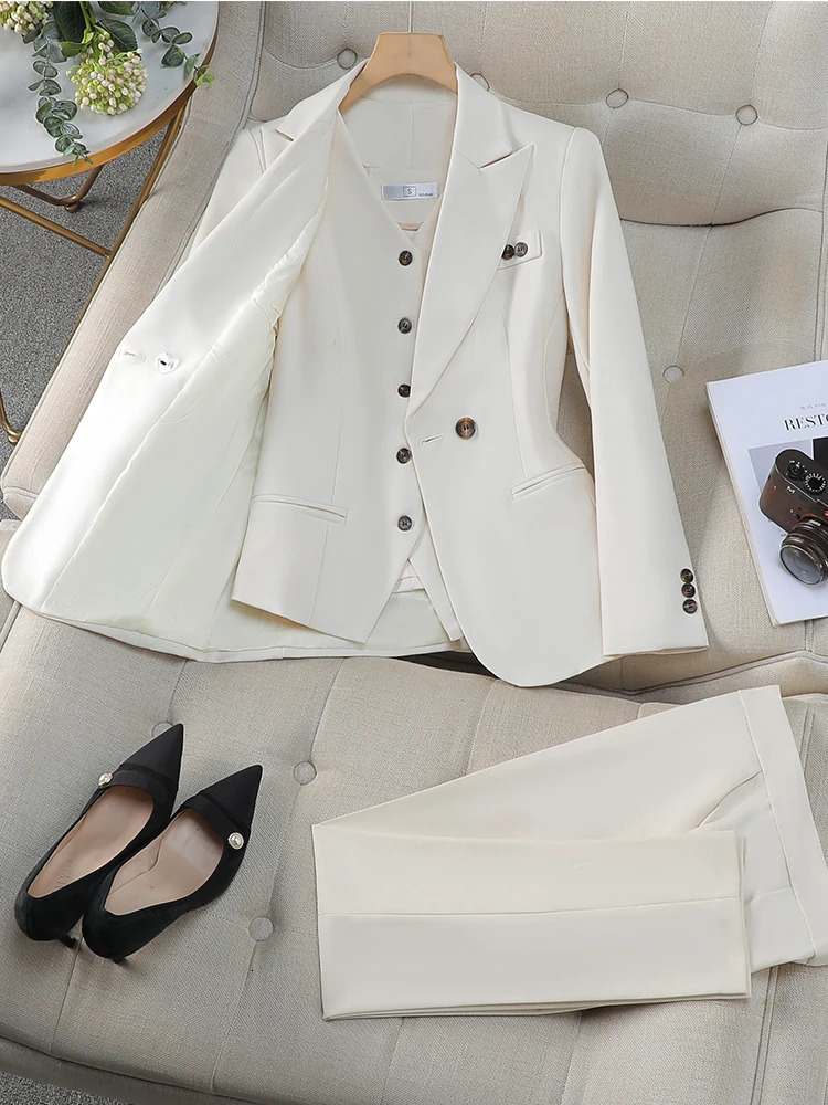 Women Vest Blazer Jacket and Pant Suit Pink Blue Apricot Office Ladies Business Work Career Wear Formal 3 Pieces Set 251106