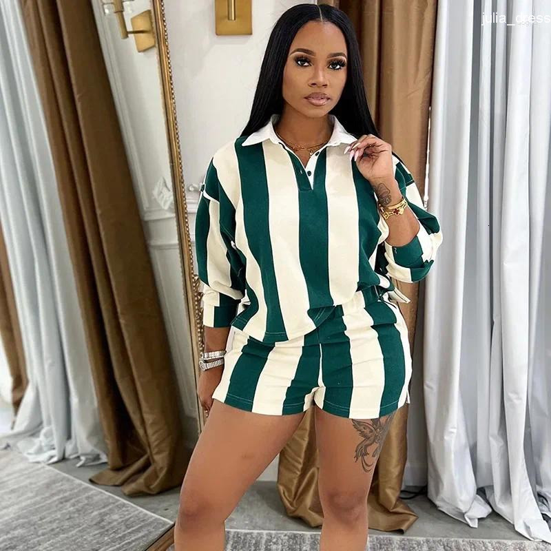 Womens Tracksuits Striped Print Sweatsuits Woman 2 Piece Outfits Sporty Joggers Turn-down Collar Sweatshirt Top And Shorts Ensemble Jogging