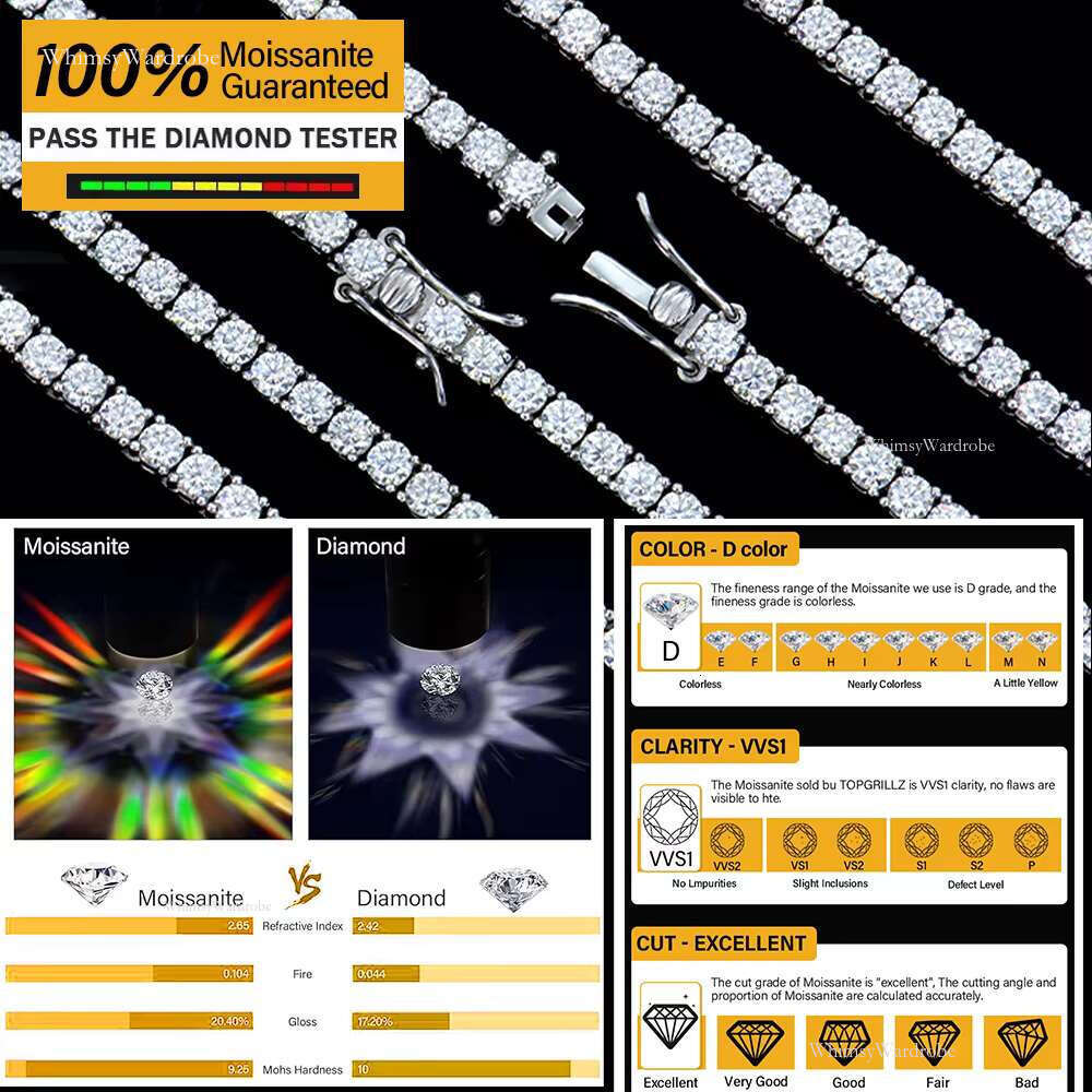 sial High Quality GRA Sier 4mm Round Dia Necklace Bracelet Tennis Chain Moissanite