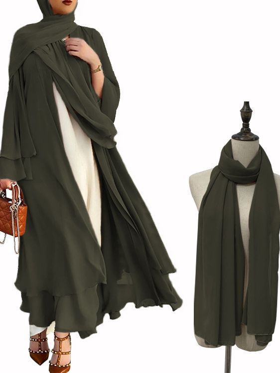 Straight New Double-Layer Chiffon Cardigan Temperament Long Skirt Solid Color Dress Abaya Maxi Dresses Islamic Clothing