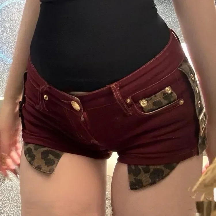 Sexy low waisted tight shorts Y2k E-Girl leopard patch work jeans summer full matching shorts 250402