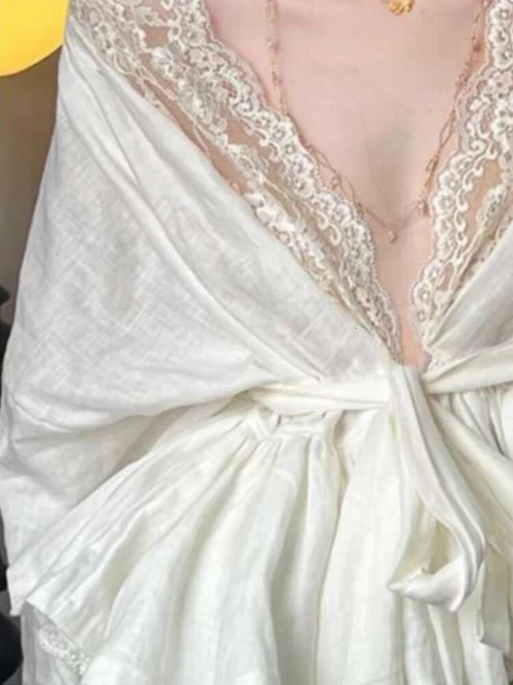 Sexy Lace Patchwork Women Blouses Korean Temperament Lady Tops 2025 Camisas De Mujer V-Neck Bandage Fashion Sweet Blouse Shirts