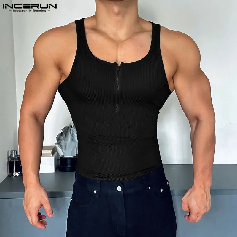 INCERUN Tops American Fashion Mens Striped Zipper Tank Top Casual Street Clothing Mens Solid Sleeveless Tank Top 250403