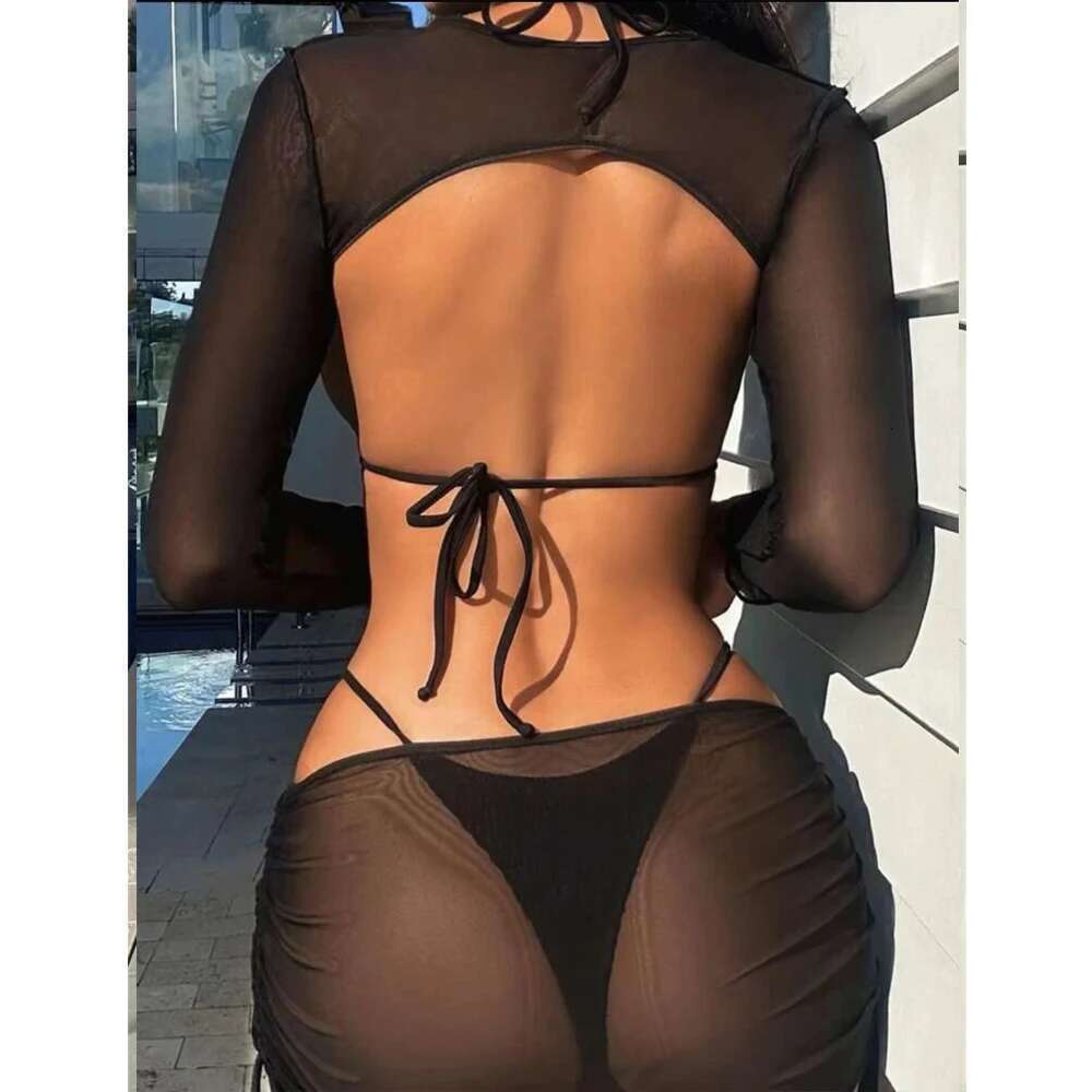 2023 Solid Color Swimsuit Women Long Sleeve Mesh 3-Piece Bikini Sexy Hollow Out Bathing Suit Swimwear Summer Backless Beachwear