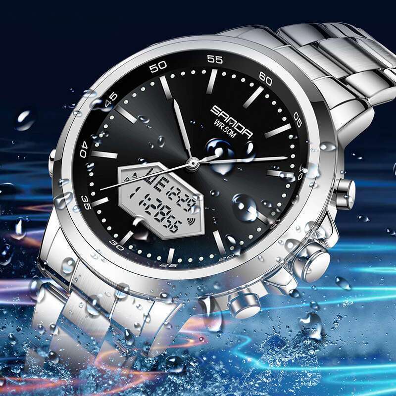 DHwatches Sanda Electronic Waterproof Multifunctional Fashion Casual Leather Steel Strap Men's Business Watch
