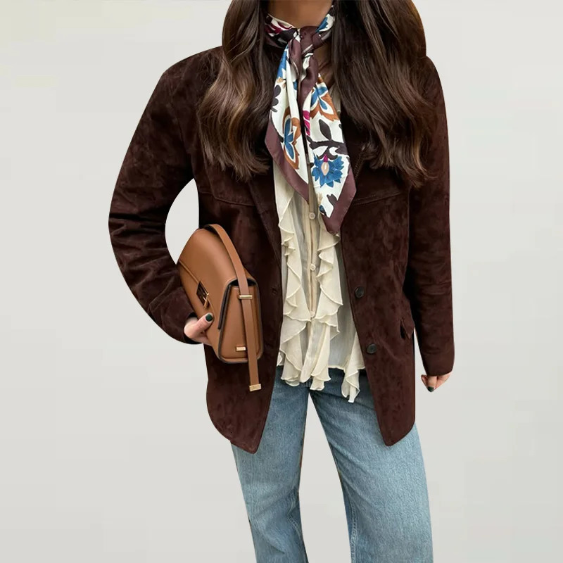 Retro suede lapel jacket womens brown long sleeved loose jacket casual jacket 250402