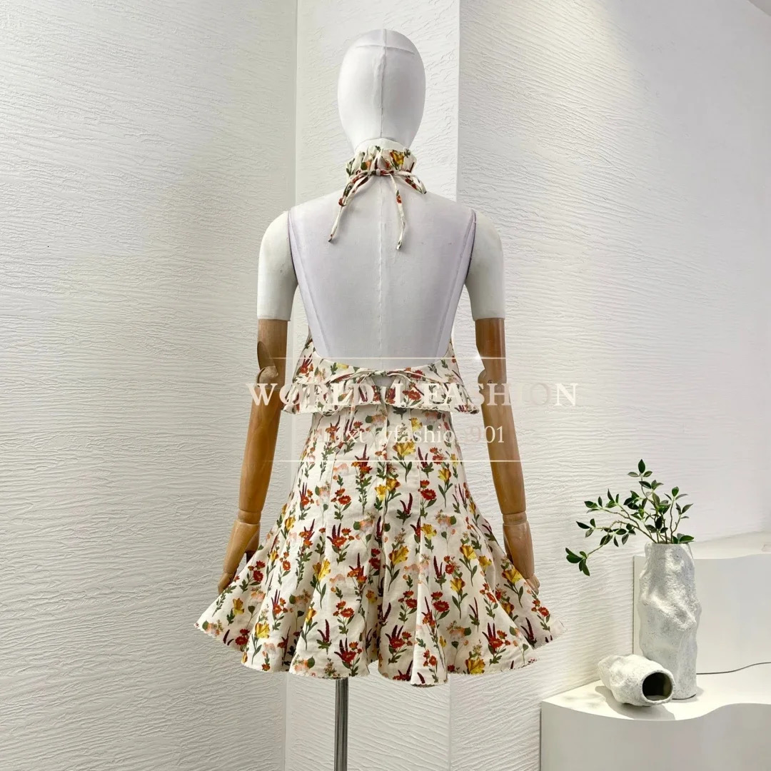 SS high-quality pure linen top and skin set beige ruffled floral print collar sleeveless suspender womens holiday set 250402