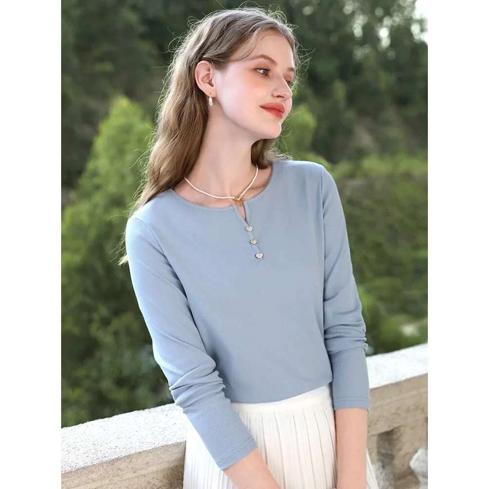 Buttons V-Neck Knitted Long-Sleeved T-Shirt Women's Top Fall New Internal Bottoming Slim Shirt