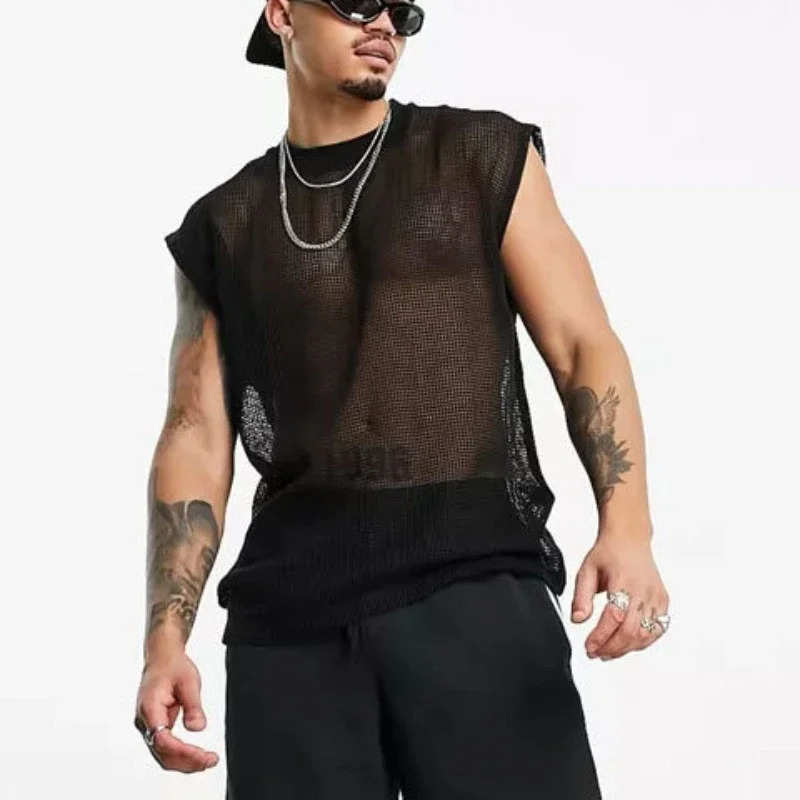 Mens mesh top summer loose white transparent hollow casual sexy vest mens nightclub T-shirt 250403
