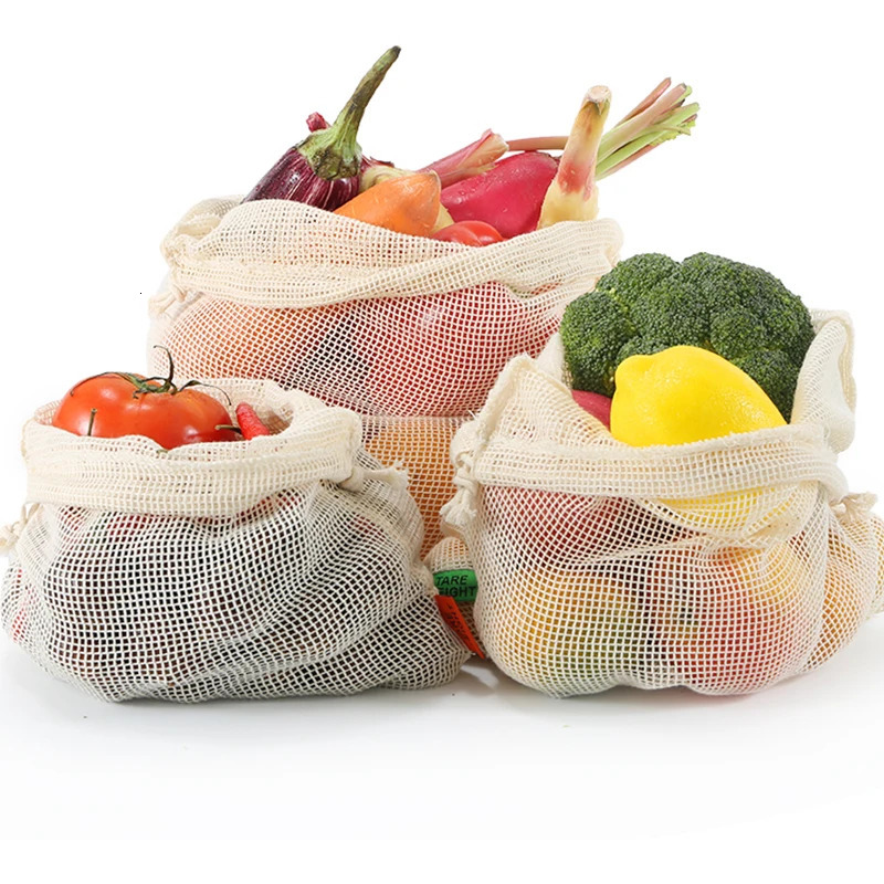Reusable cotton mesh product bag with brushed organic durable and washable comes a grocery shopping 250401