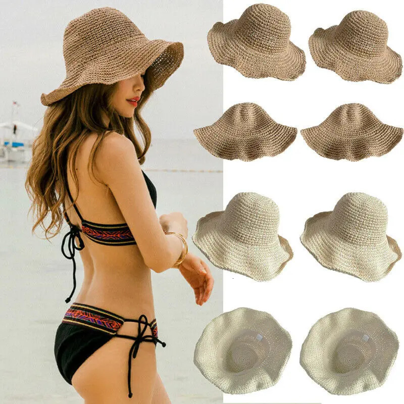 Fashion Womens Summer Pendant Cork Straw Hat Wide Brim Beach Folding Bow Flower Sun Selling 250326