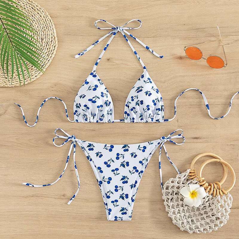 Cute Cherry Print Swimsuit Women 2023 Low Waist Thong 2-Piece Bikini V-neck Suspender Halter Bathing Suit Summer Beach Swimwear