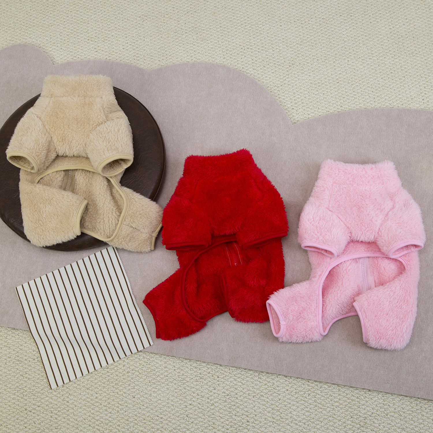 Soft Fleece Pet Dog Jumpsuit, Warm Winter Dog Clothes with Cute Embroidery & Striped Pocket, for Small Medium Dogs, Fashionable Outfit with Zipper Des