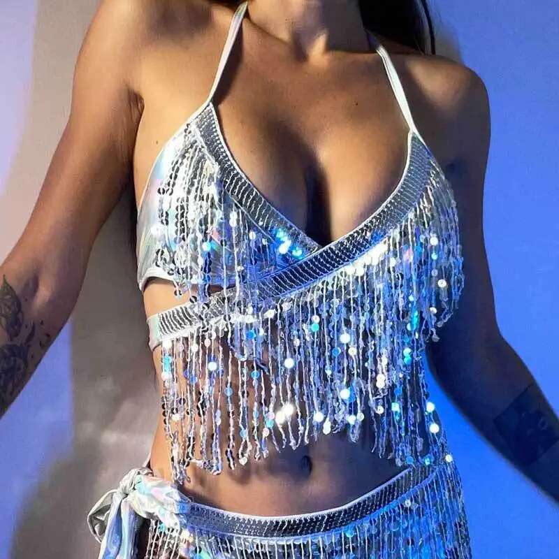 Sequin Fringe String Bikini Top 2023 Women Sexy Shiny Swimwear Y2K Cross V-neck Suspender Lace-up Backless Swimsuit Monokini