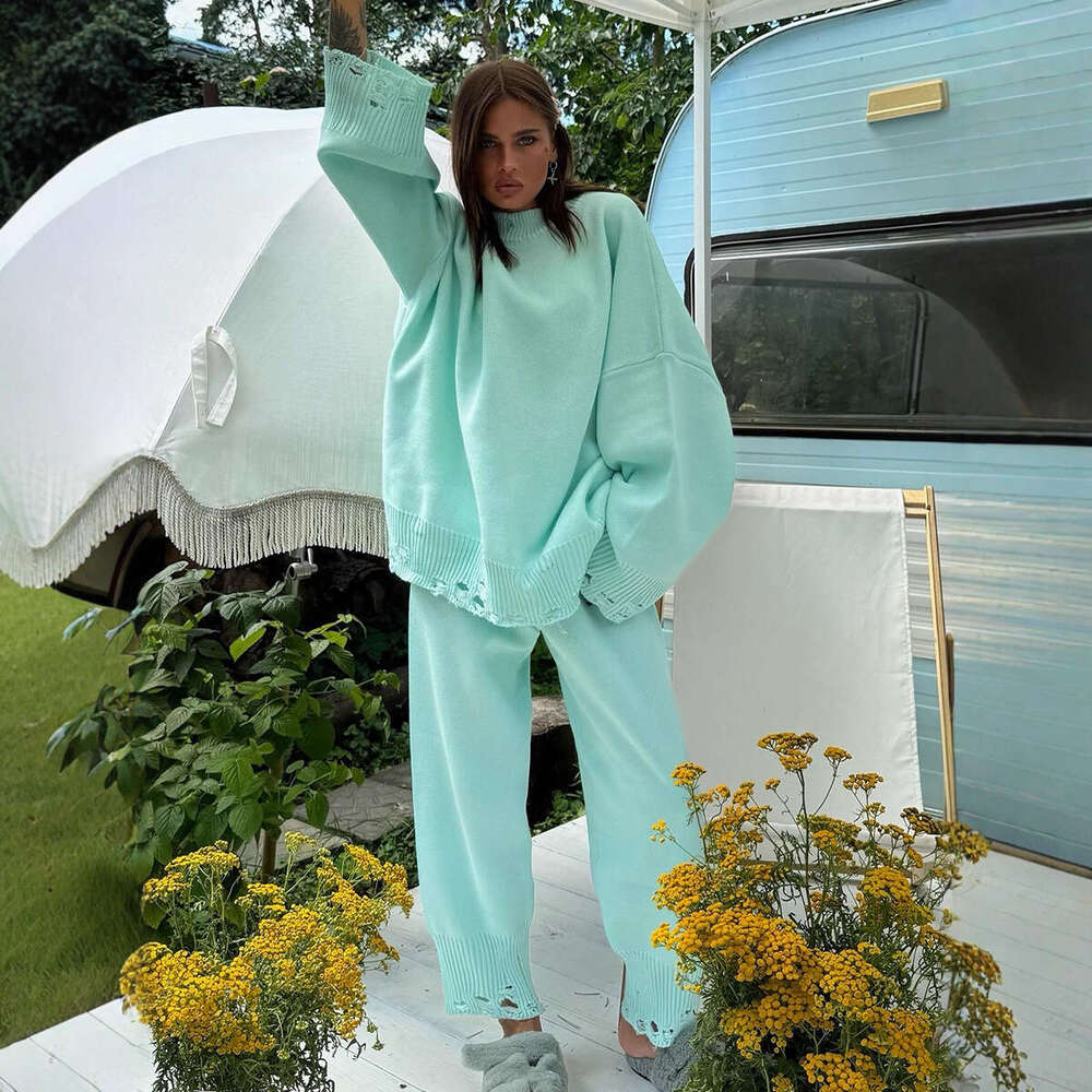 Cross-Border Ripped Women, European American Style, 2025 Autumn and Winter, Ins Style Knitted Skinny Pants + Round Neck Sweater Set for Women