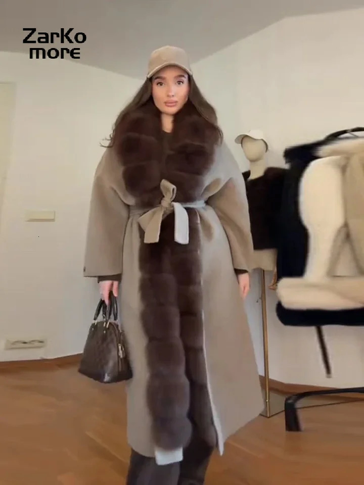 Fashion Fur Spliced Lace Up Woolen Coat Women Lapel Full Sleeve Belt Chic Jacket 2025 Autumn Winter Lady Warm Outwears 251106