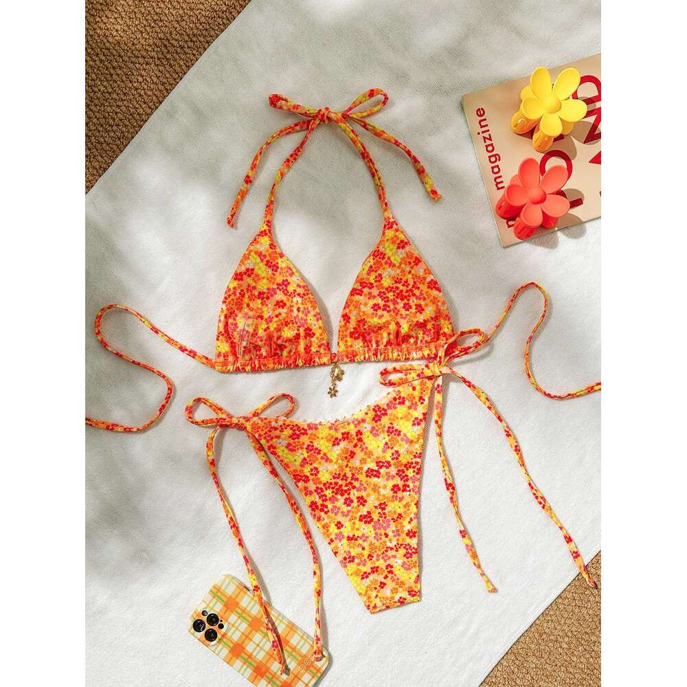 Sexy Orange ral Print Bikini 2025 Metal wer Designer Push Up Micro Swimsuit Brazilian Bathing Suit Tie Side Thong Swimwear