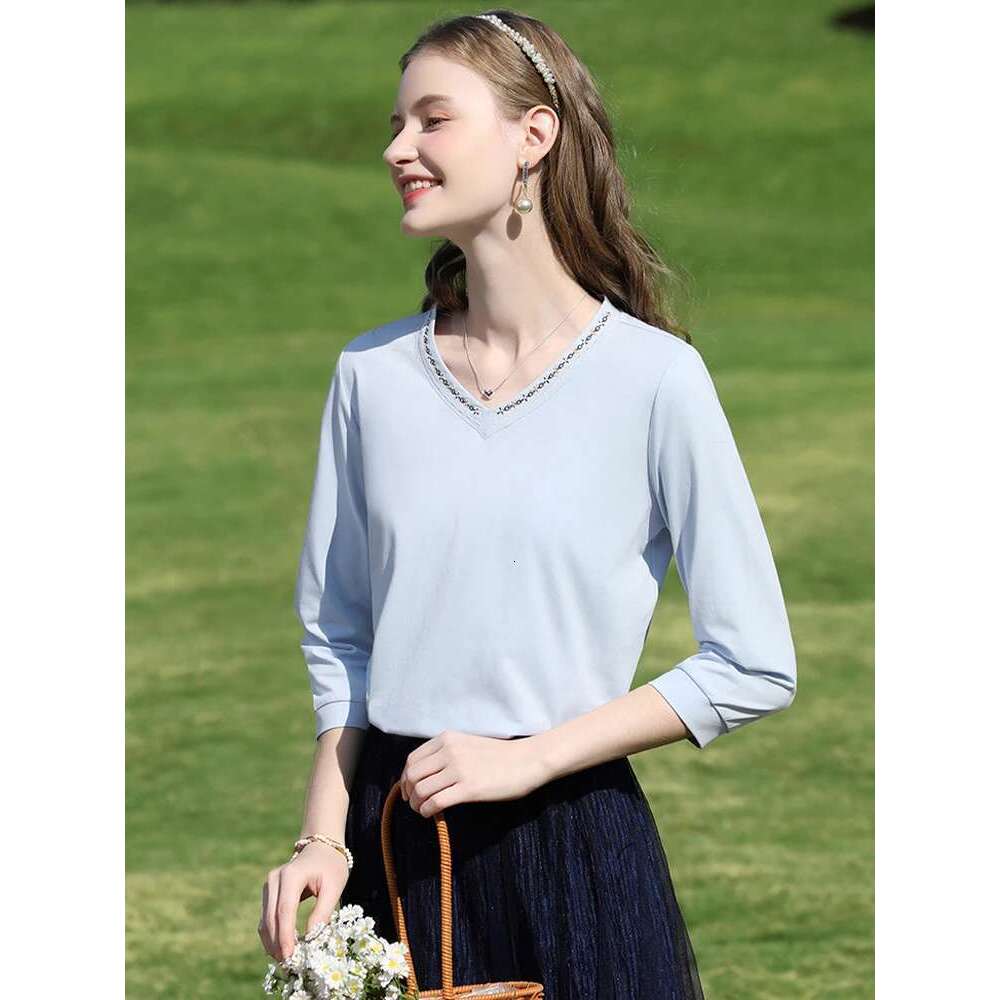 Blue V-Neck Embroidered T-Shirt Top For Women Spring Three Quarter Sleeved Tees Solid Casual Tops