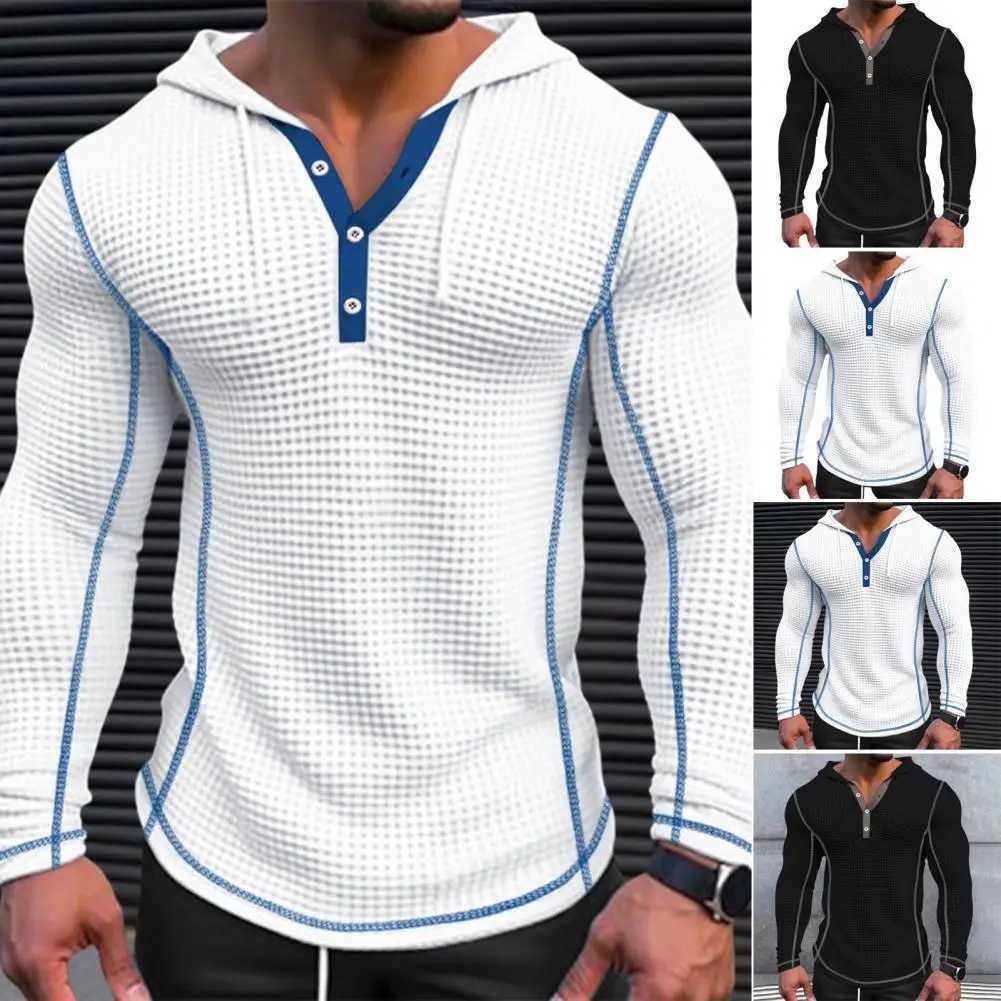 Breathable Waffle Fabric Sweatshirt Stylish Mens Waffle Cotton Hoodie Slim Fit Button Closing Breathable Long for Fashionable W251106
