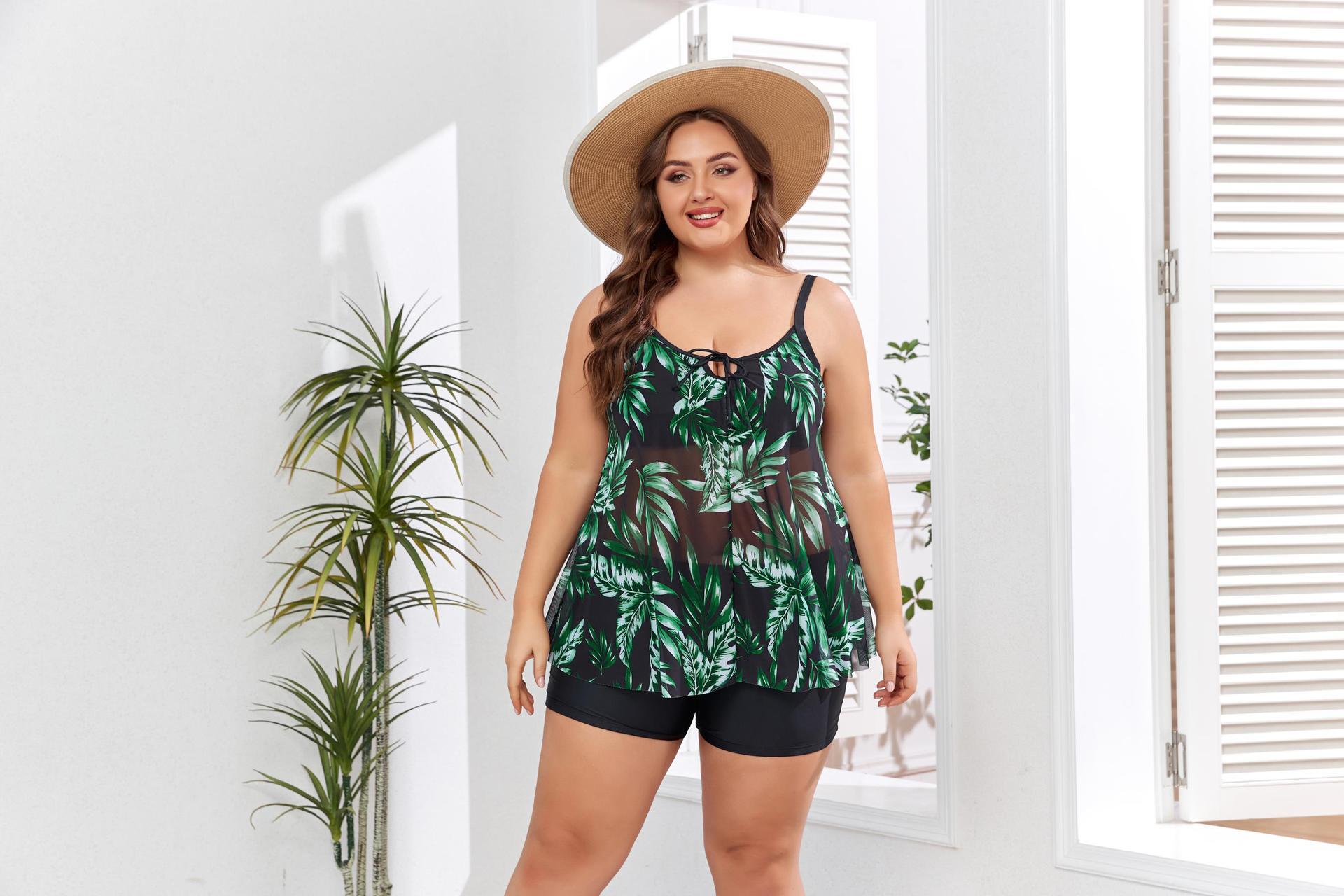 Fat and oversized skirt style split body bikini multi-color printed conservative boxer shorts set women's swimsuit