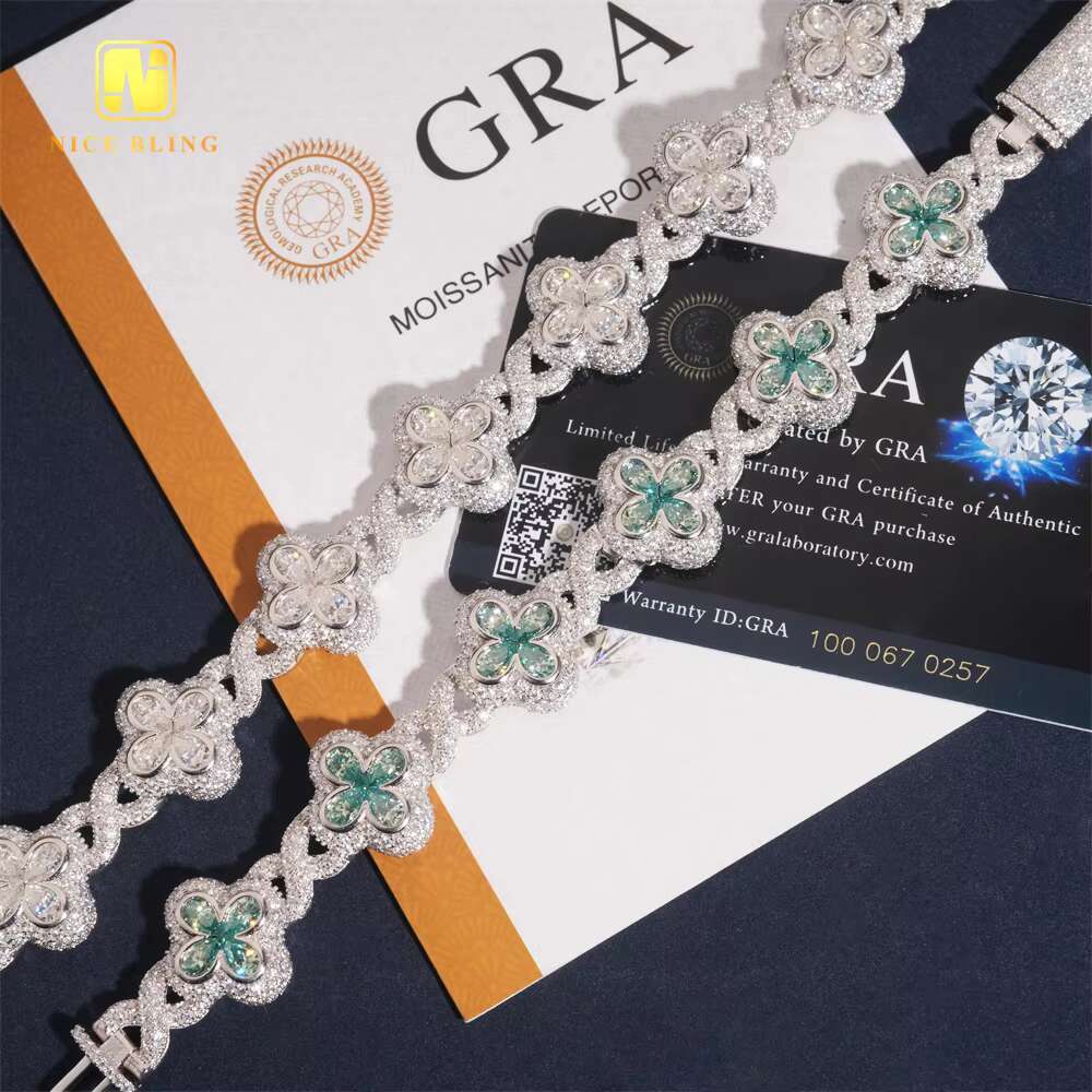 Silver Plated Custom Iced Out Pear Cut Moissanite Clover Hip Hop Style Men Jewelry 925 Silver Diamond Infinity Cuban Link Chain