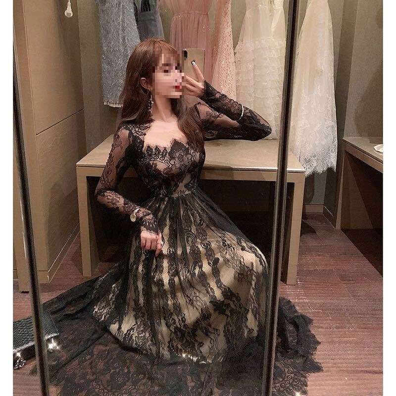 Very Fairy French Niche Spring New Black Gown Elegant Lace Retro Long Dress for Women