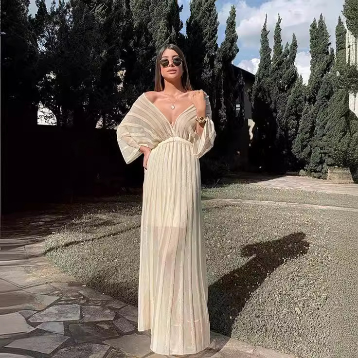 2025 New Womens Dress White V-neck Shawl Sleeve Dress