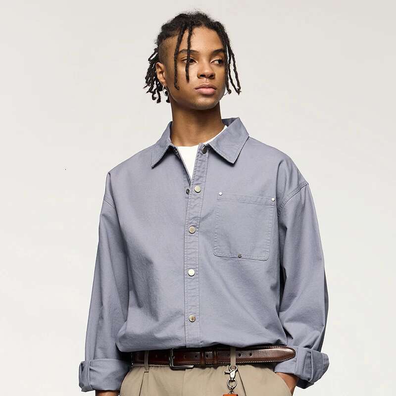 Men's Shirts 100% Cotton Vintage Solid Color Turn-Down Collar Male Shirt Jacket