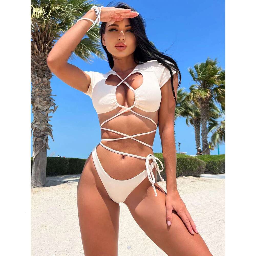 Milky White Swimsuit Women 2023 Sexy Two Piece Bikini Bandage Cross Hollow Out Lace Up Bathing Suit Beach Swimwear SYF9099