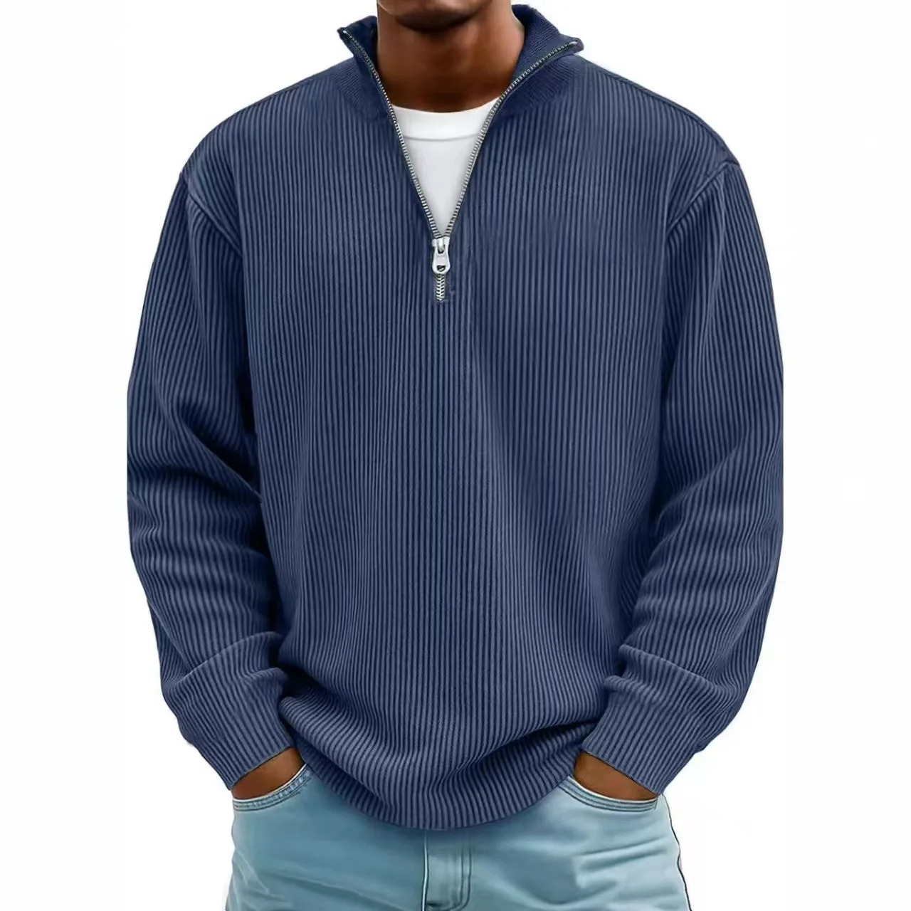 Corduroy Sweatshirts For Men Autumn Solid Long Sleeve Clothing Mens Casual Loose Zipper Polo Collar Tees Tops Man Outwear 251105