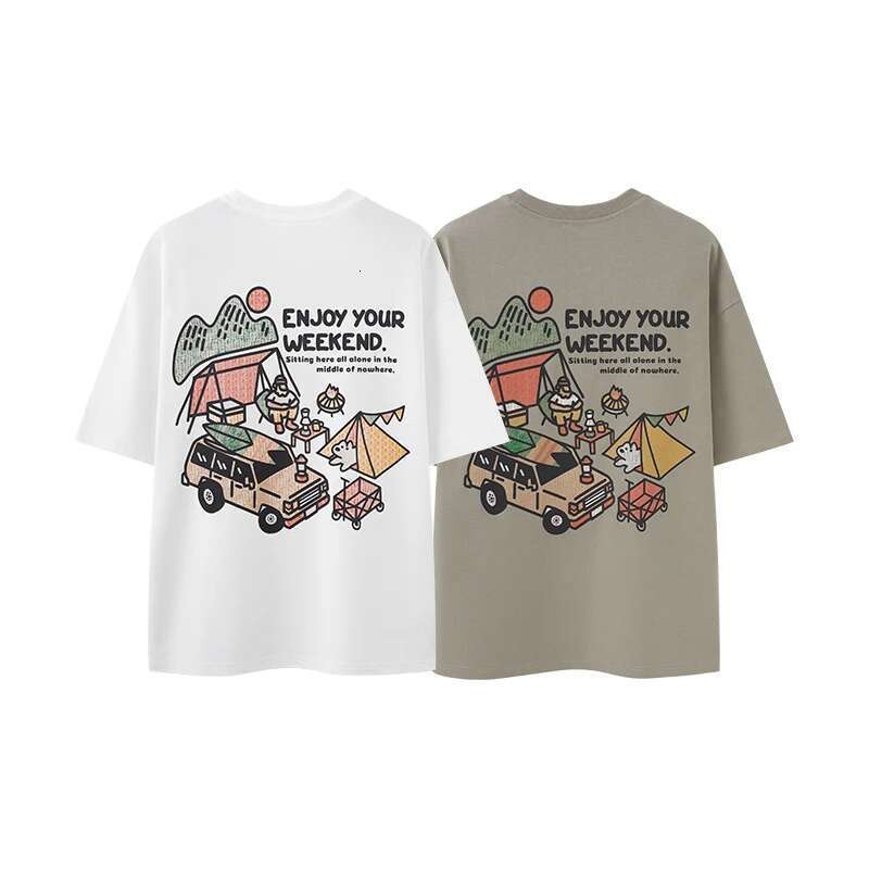 Men's Heavyweight Printed T-Shirt Mountain Series Outdoor Camping Loose-Fit 100% Cotton Short Sleeve