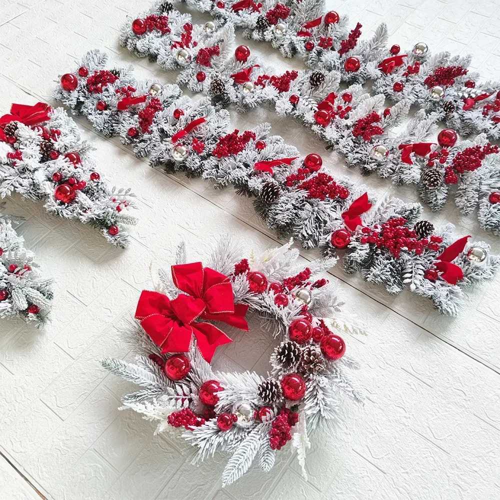 New 2025 Christmas Flocking Flower Garland Door Hanging Christmas Decorations Christmas Wreaths Rattan Upside Down Tree OrnamentXJ251106