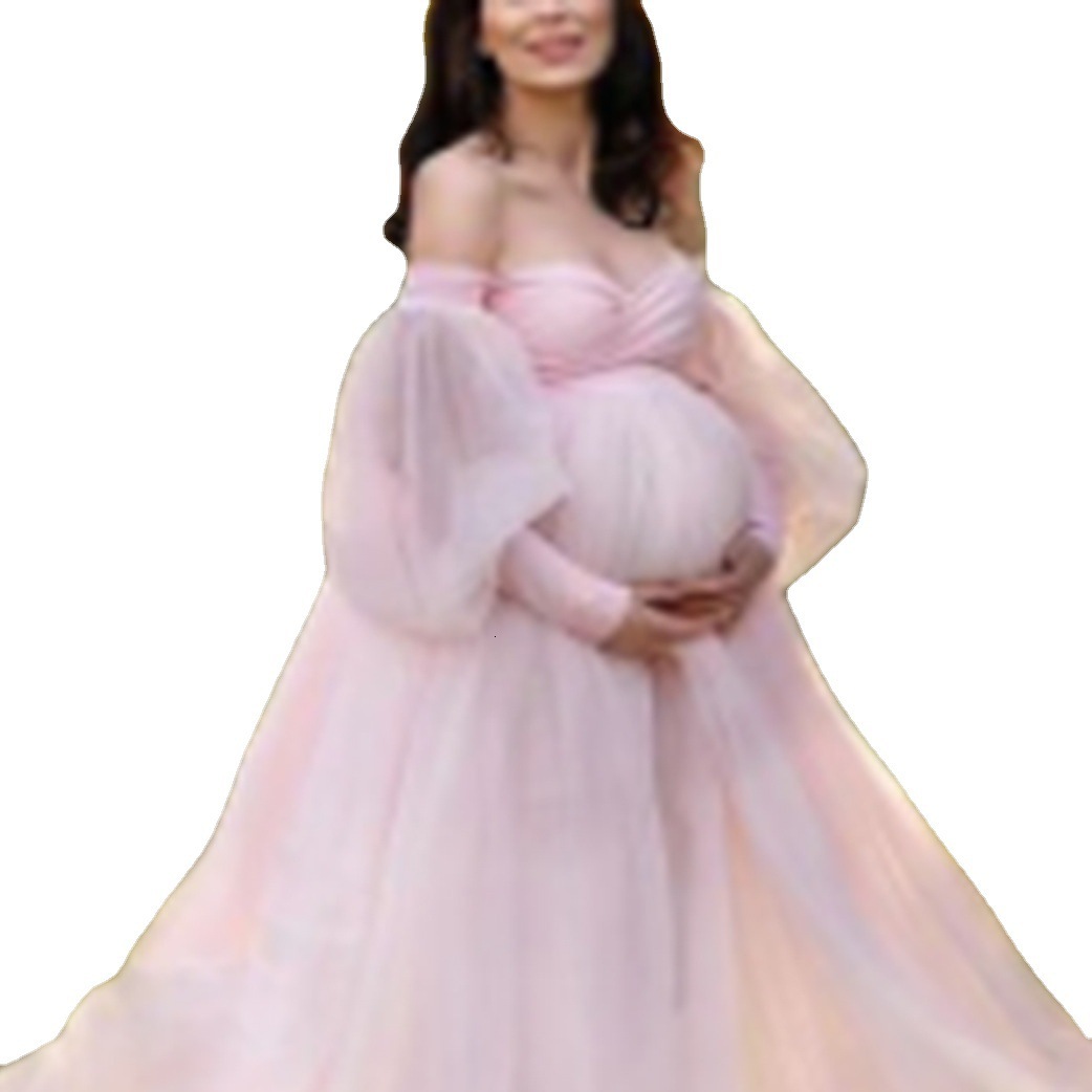 New Pregnant Womens Plus Size Womens Bubble Sleeves Off Shoulder Mesh Strapless Long Skirt Big Swing Dress in 2025