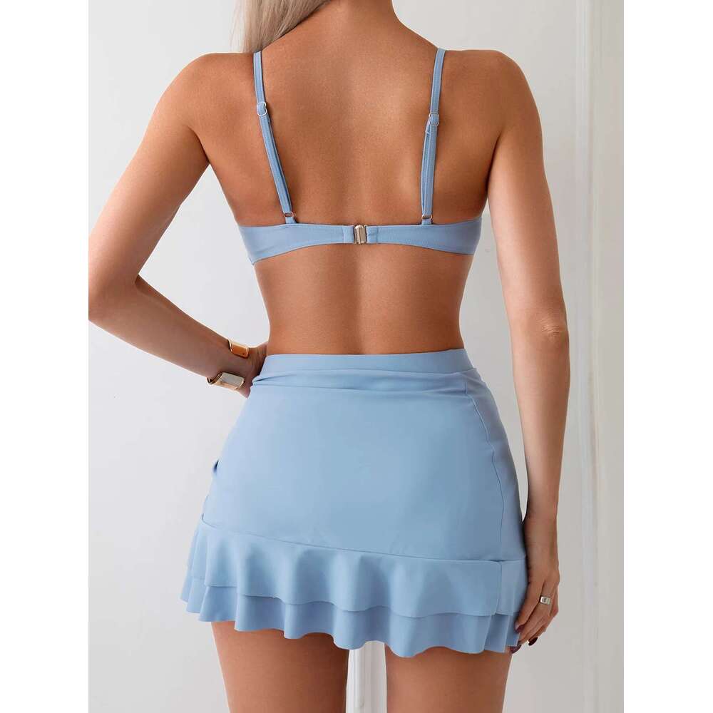 Women's Three Piece Swimsuit Solid Color V-neck Underwire Bikini Set Beach Vacation Suspender Backless Swimwear 2024