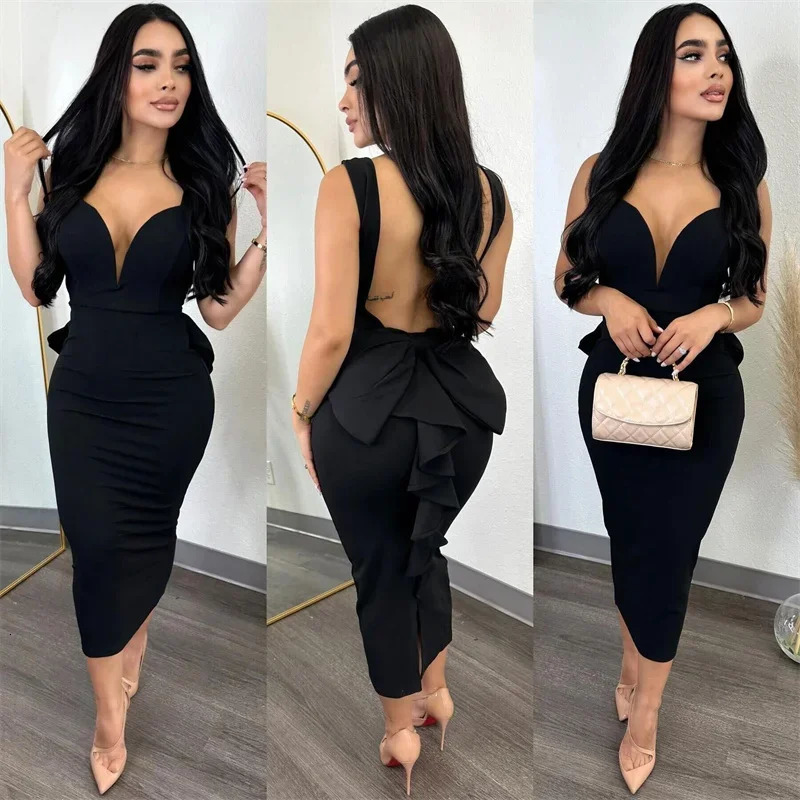Sexy V-neck backless bow ruffled midi womens party night elegant club celebrity dance dress 250402