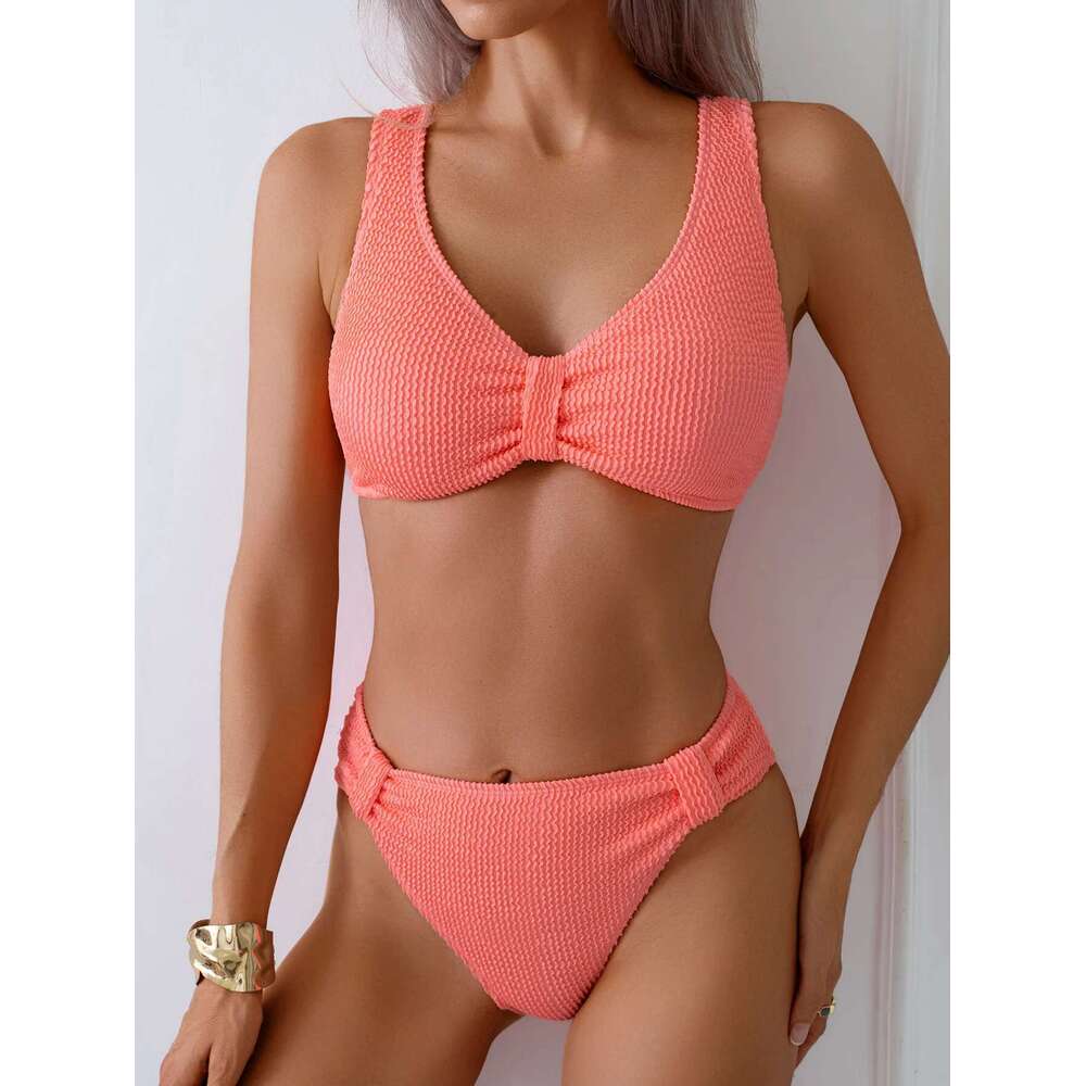 2025 Summer New Women's 2 Piece Swimsuit Solid Color High Waist Bikini Set V-neck Backless Beach Vacation Bathing Suit Swimwear
