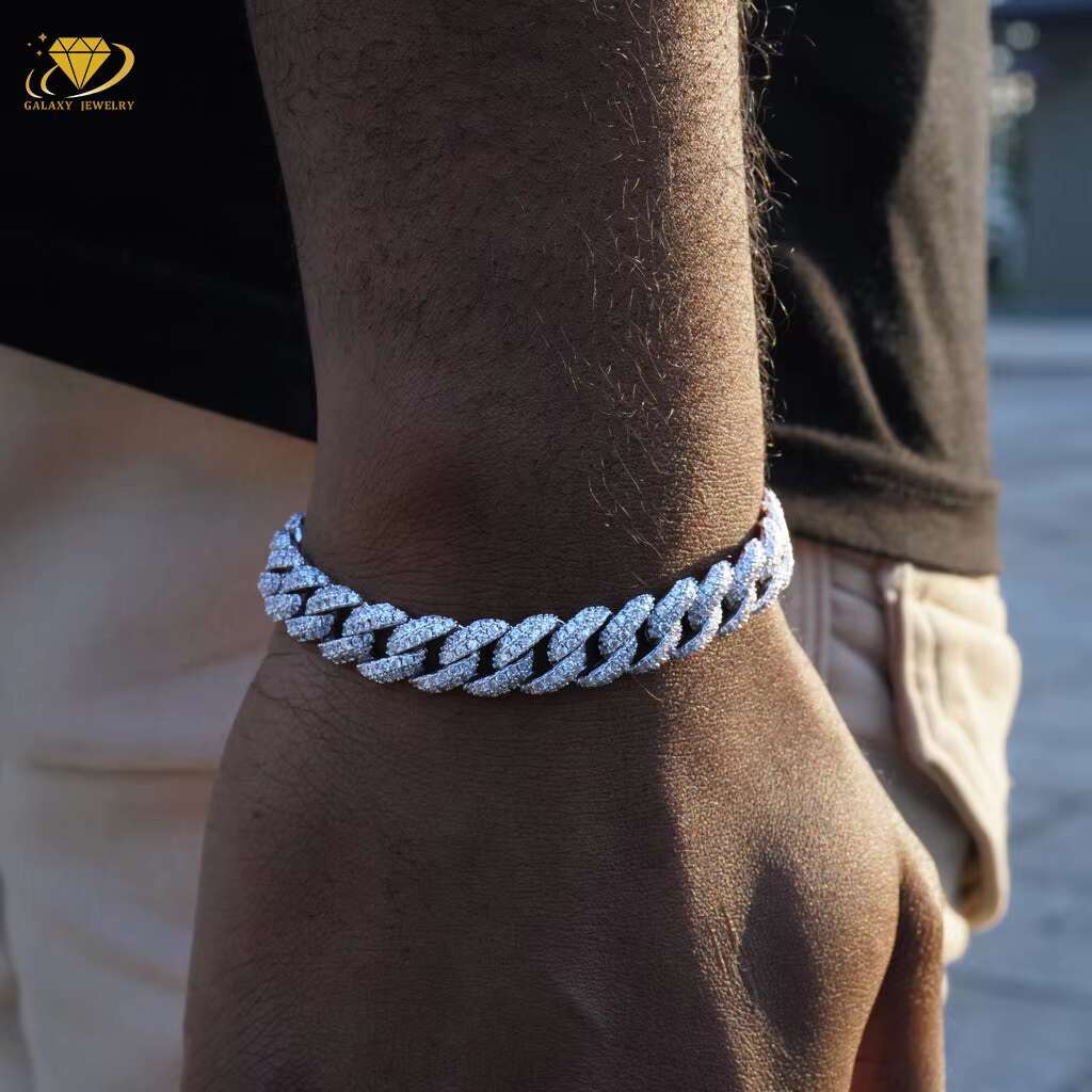 Hip Hop Fashion Jewelry Necklaces GRA VVS Moissanite Bracelet Sier Iced Out Bling 2Row 12mm Miami Cuban Link Chain for Men