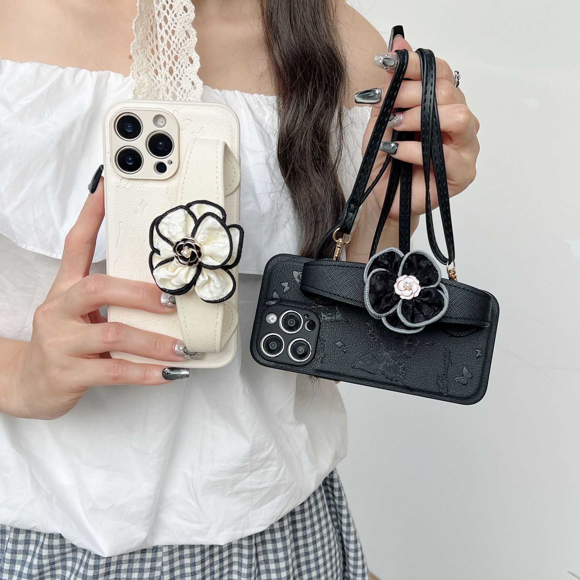 Butterfly Embossed Leather Case for iPhone 16 Pro Max iPhone 15 with Wrist Strap Crossbody for iPhone 1314 J251202